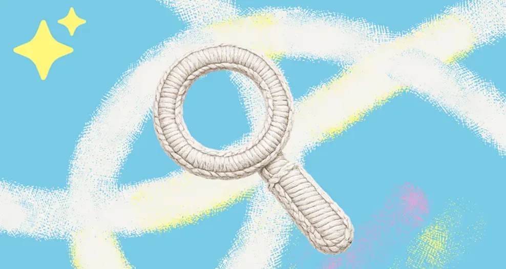 Illustration of a magnifying glass made of woven rope against a blue background with white and yellow abstract swirls and two yellow sparkle shapes in the top left corner.