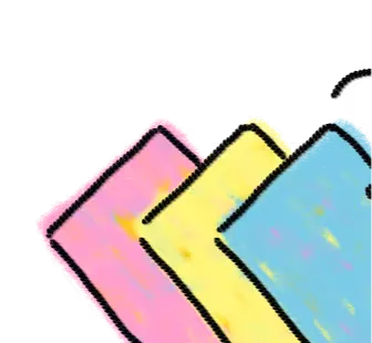Three overlapping rectangular cards with rounded corners in pastel colors: pink, yellow, and light blue.