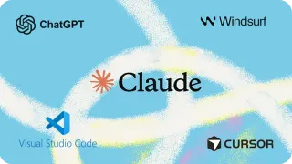 Blue background with white and yellow abstract streaks featuring the logos and names of five AI or software tools: ChatGPT with its logo in the top left, Windsurf with a stylized W logo in the top right, Claude with a star-like orange icon in the center, Visual Studio Code with its blue logo in the bottom left, and CURSOR with a cube logo in the bottom right.