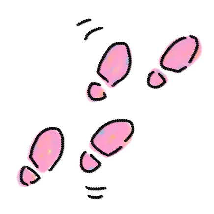 Four pink shoe prints arranged diagonally on a black background, showing a simple stylized pattern of footsteps.
