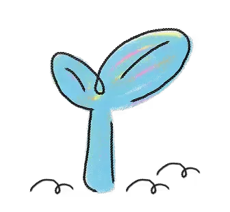 Simple illustration of a small blue plant sprout with two leaves emerging from dark soil on a black background.