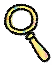 Magnifying glass icon with a colorful, gradient outline on a black background.