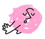 Pink circular mascot with a sly expression, featuring closed eyes and a tilted mouth, holding a knife and fork.