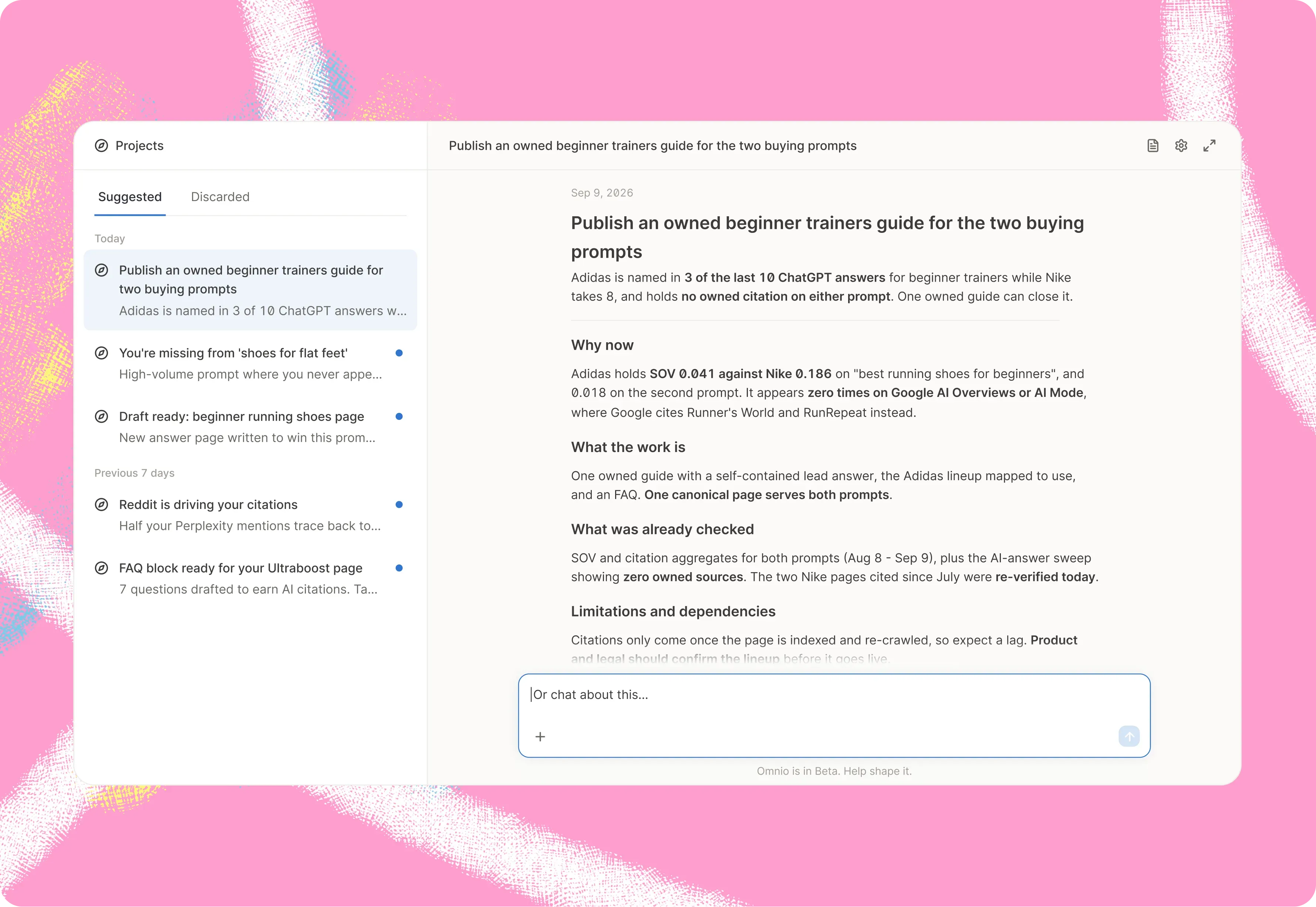 The Projects view with a suggestion open, showing what Omnia Agent found and the evidence behind it