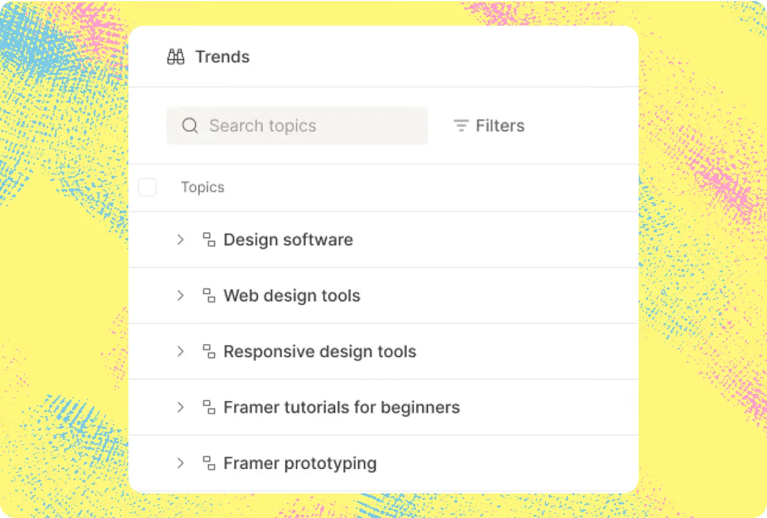 Omnia Trends topic list with search and filters