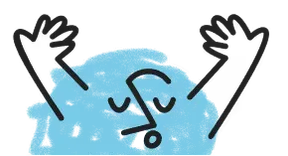 Stylized illustration of a blue cloud with a face, eyes closed, blowing air, with two hands raised and fingers spread out.