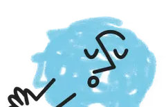 Blue abstract scribble resembling a cloud or burst shape with black lines forming a minimalistic face with closed eyes and an open mouth.
