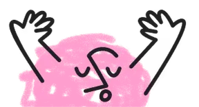 Pink circular cartoon character with closed eyes, an open mouth, and raised arms in a joyful or celebratory pose.